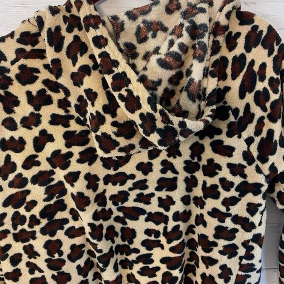 LACE Leopard Print Plush PJ Jacket Brown Soft Hoodie Women's Size M Pocket EUC - Picture 2 of 7
